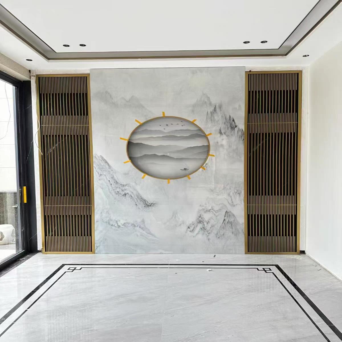 客厅岩板中式山水画大理石电视瓷砖背景墙微晶石山水画石材电视墙