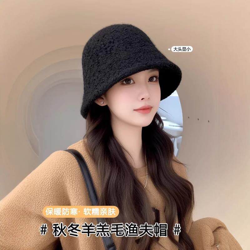 帽子女秋冬季羊羔毛渔夫帽黑色素颜显脸小水桶帽大脸保暖毛绒盆帽