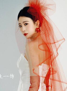 韩式新娘结婚长头纱主婚纱求婚领证影楼跟妆写真多层硬网蓬蓬红纱