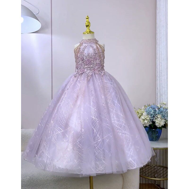 紫色挂脖儿童礼服高端洋气女童生日宴主持人小女孩演出蓬蓬公主裙