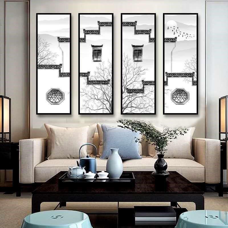 徽派建筑客厅装饰画新中式中国风茶室挂画酒店包间大气四联墙壁画