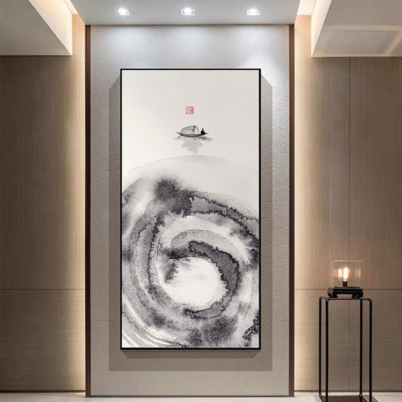 新中式禅意超大幅入户玄关装饰画写意水墨画竖版客厅壁画过道挂画