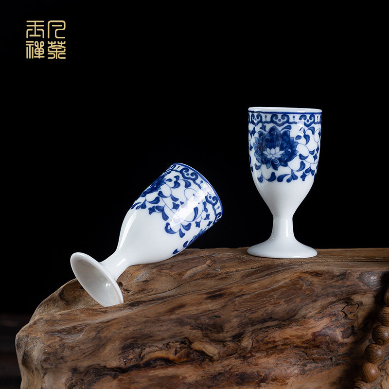 景德镇青花瓷白酒杯套装家用中式仿古老式陶瓷酒具酒壶高脚一口杯