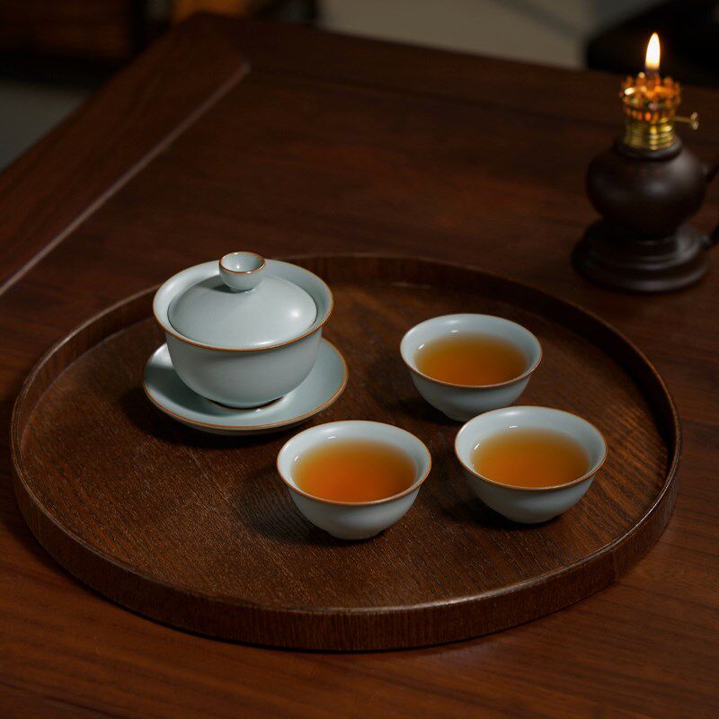汝窑茶具套装送长辈礼物景德镇盖碗功夫茶复古茶器随心望月茶组