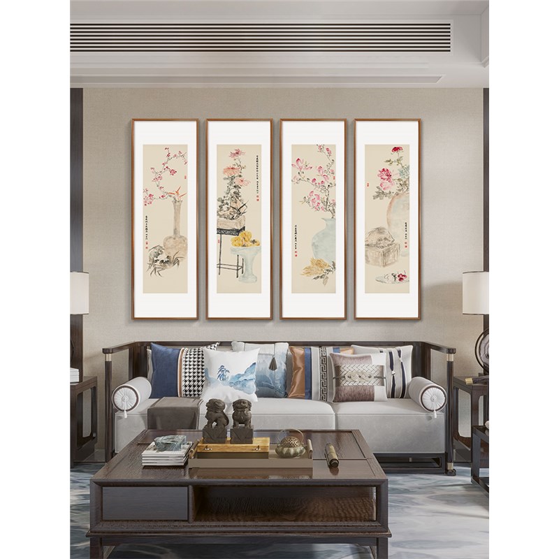 花鸟四条屏挂画新中式客厅沙发背景墙装饰画四联国画茶室书房壁画