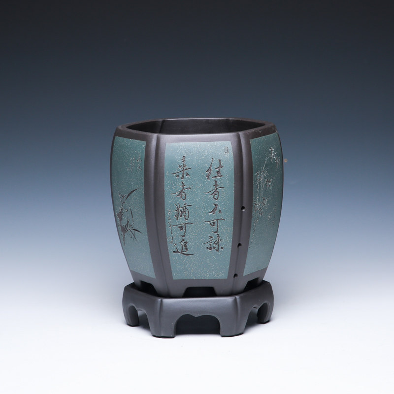 宜兴紫砂花盆精品陶瓷手工室内高档六角兰花专用盆透气客厅带底座