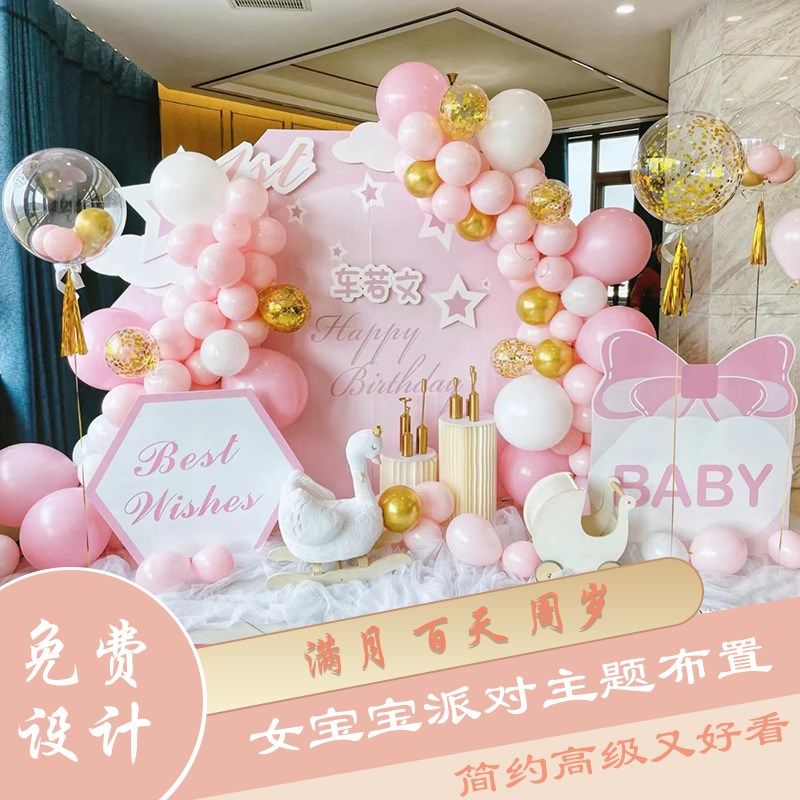 粉色系简约女宝宝满月百日宴生日布置装饰气球背景墙kt板定制套餐