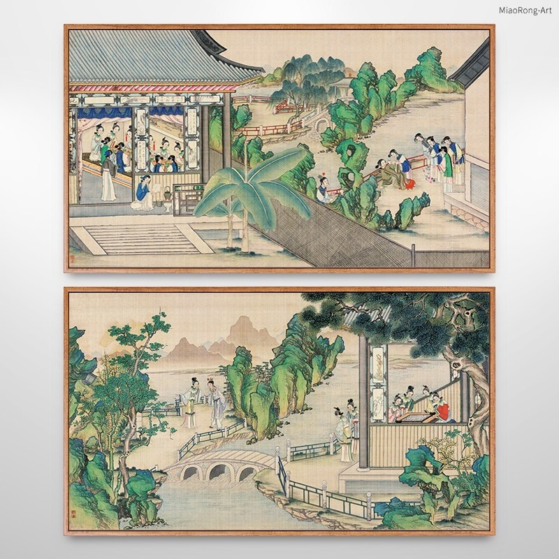 网红孙温红楼梦绘本古代人物画山水画挂画客厅新中式建筑装饰画中