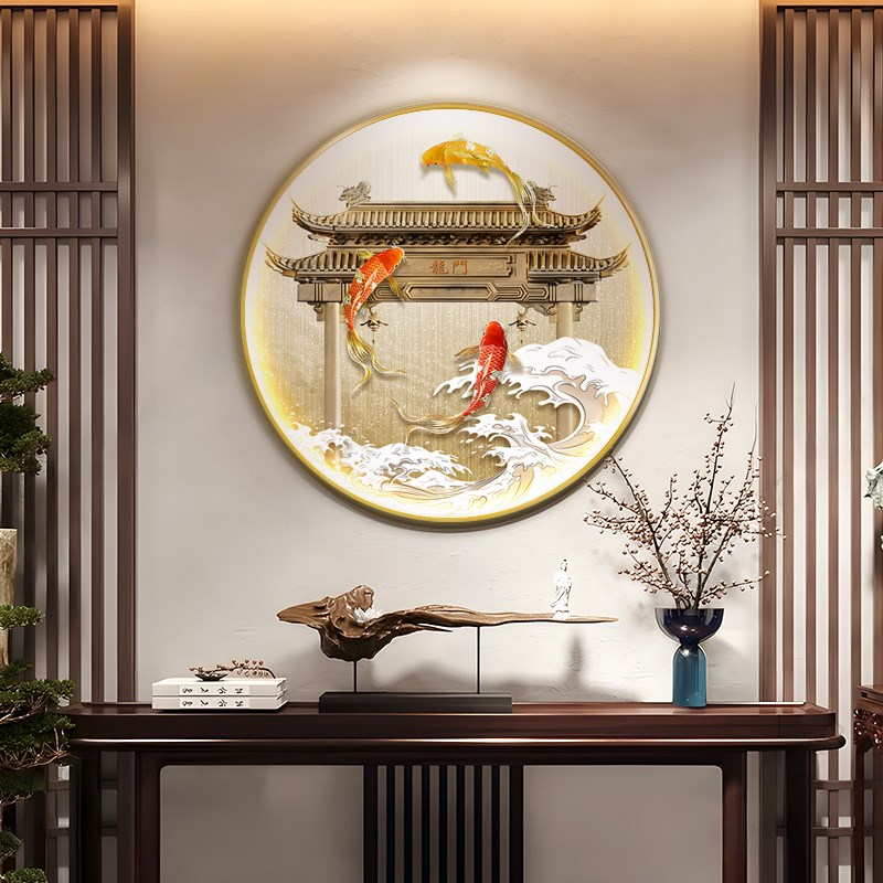 鲤鱼跃龙门玄关装饰画轻奢高级感进门入户挂画九鱼图圆形发光壁画