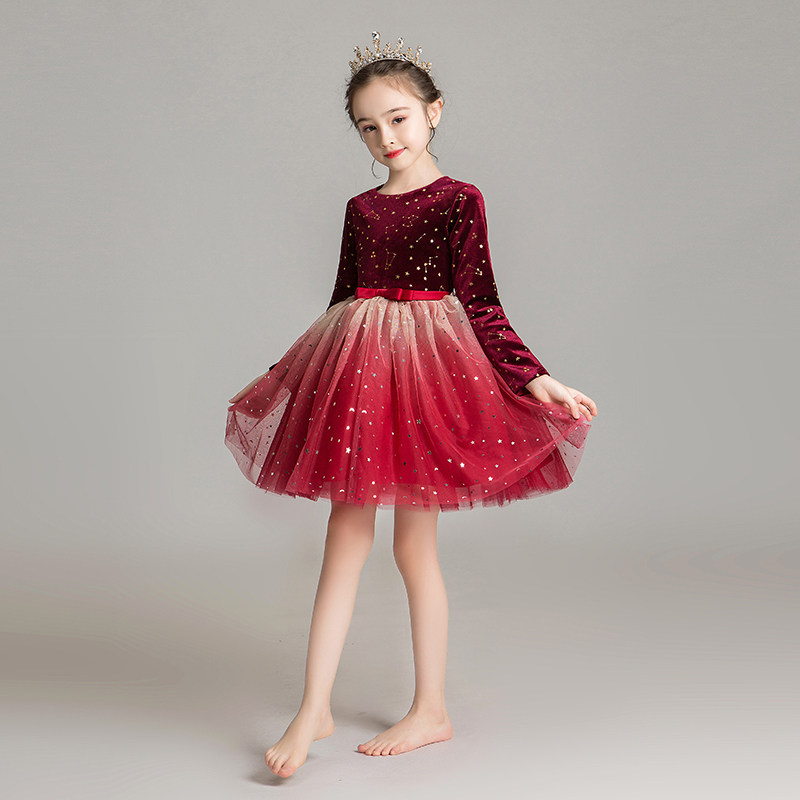 儿童礼服公主裙女童高端长袖花童洋气走秀表演服主持人钢琴演出服