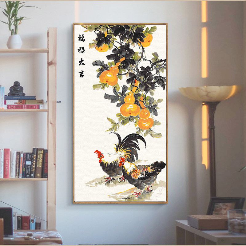 竖版大幅diy数字油画新中式客厅玄关吉祥招财葫芦鸡国画装饰画