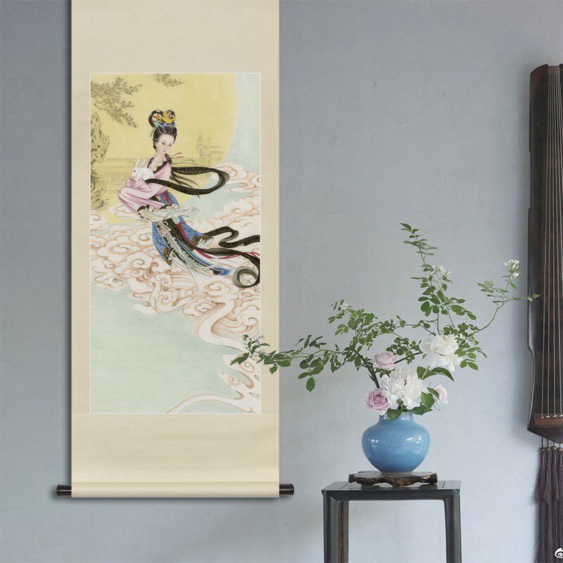 工笔中国古代神话人物嫦娥奔月画像水陆画玄关书房新中式卷轴挂画