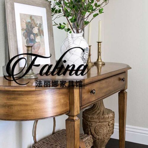 美式玄关台半圆形中古风极窄轻奢高级感实木玄关柜法式复古玄关桌