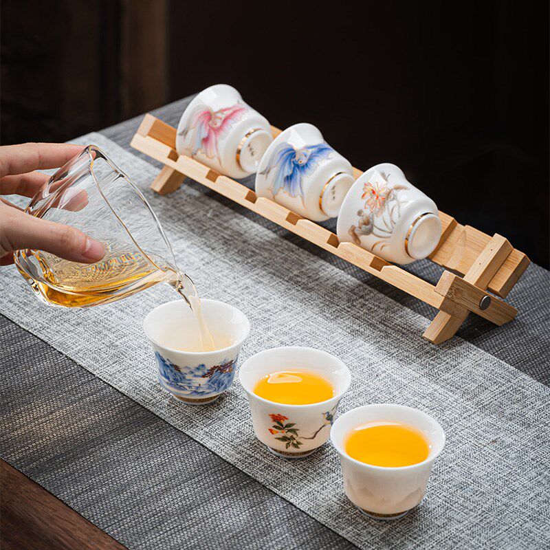 陶瓷功夫茶杯套装家用羊脂玉白瓷品茗杯喝茶专用小杯子带收纳杯架