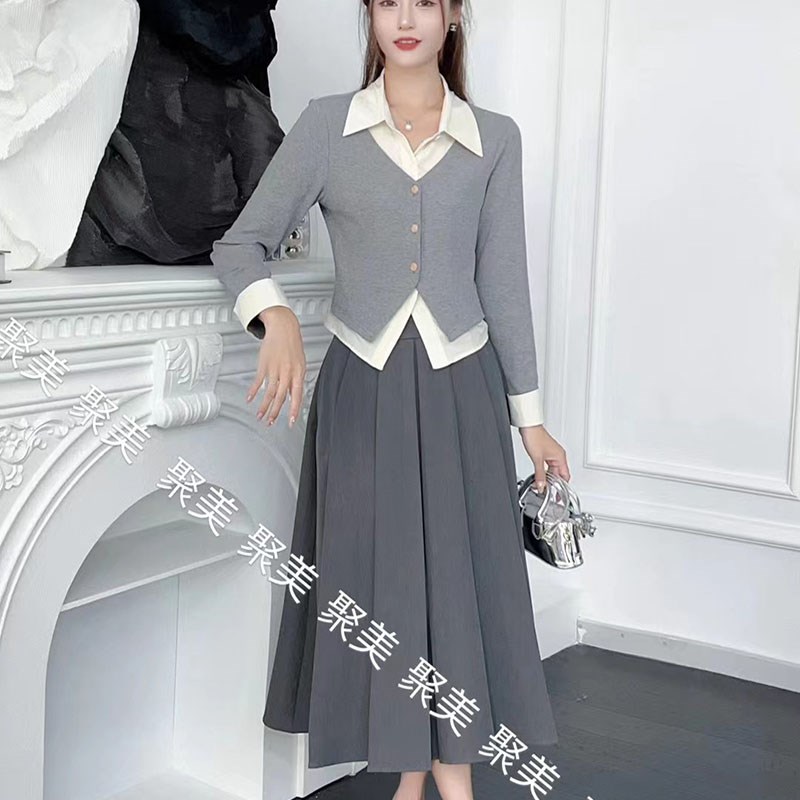 高端气质套装女2024秋新款学院风高腰显瘦百褶长裙拼接开衫两件套