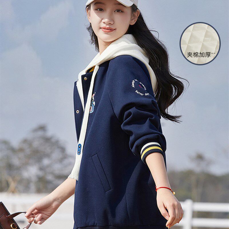 初中生夹棉加厚外套假两件秋冬装学院风16岁女高中生连帽棉衣棉服