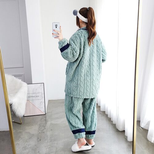 提花加厚大码法兰绒睡衣女冬季珊瑚绒两件套孕妇胖mm200斤家居服