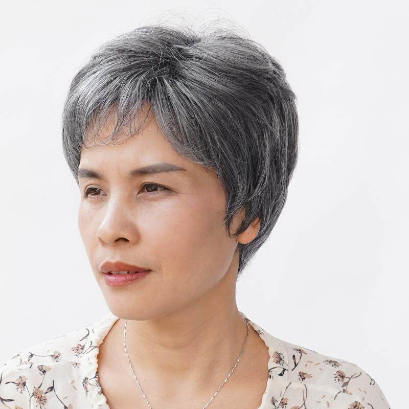中老年妈妈假发女短发真发全真人发蓬松透气花白色老人奶奶全头套