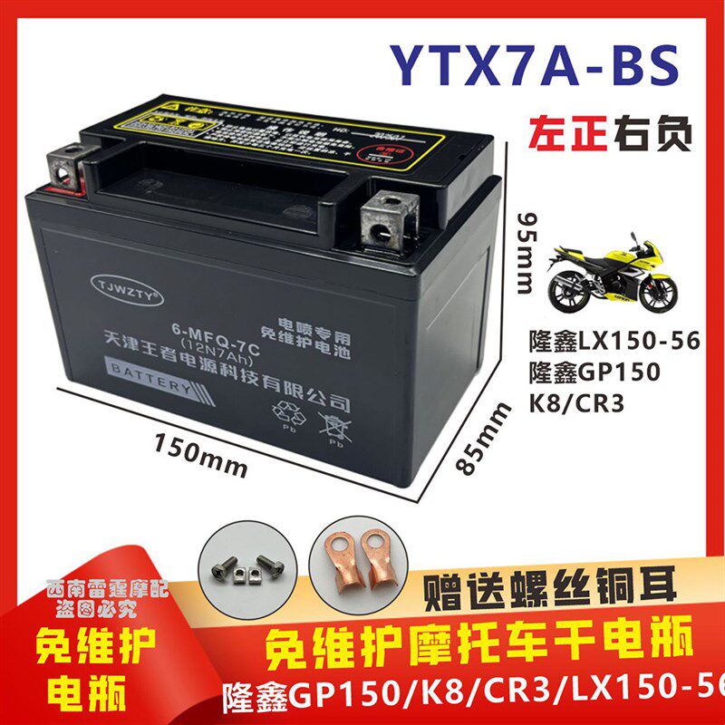 适用隆鑫GP150/K8/CR3/LX150-56劲隆领跑摩托车电瓶YTX7A-BS电池