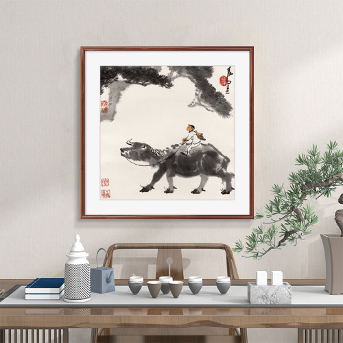 国画新中式玄关装饰画李可染水墨山水画客厅书房挂画斗方形牧牛图