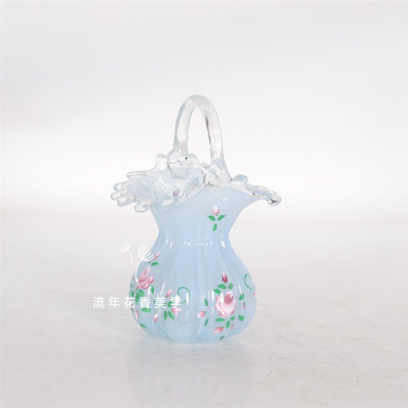 手绘花朵手工水玉蓝色琉璃水滴口提篮花瓶水养插花器家居装饰摆件