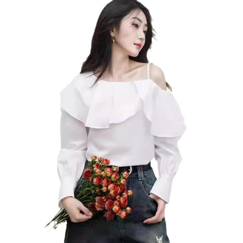 气质设计感棉布衬衫秋季2024新款女装甜美荷叶边一字领露肩上衣