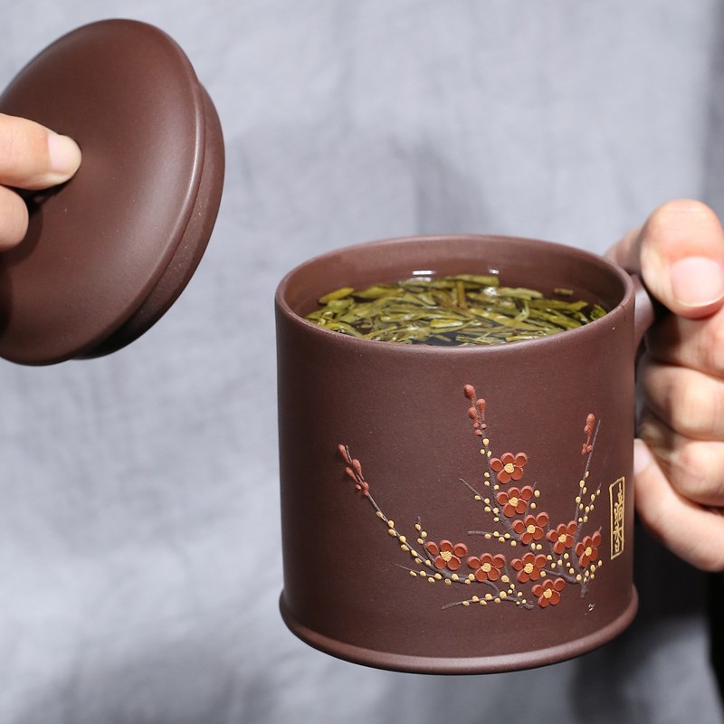 宜兴紫砂杯茶杯手工杯茶缸彩绘单人杯带盖杯子手绘水杯茶缸大号