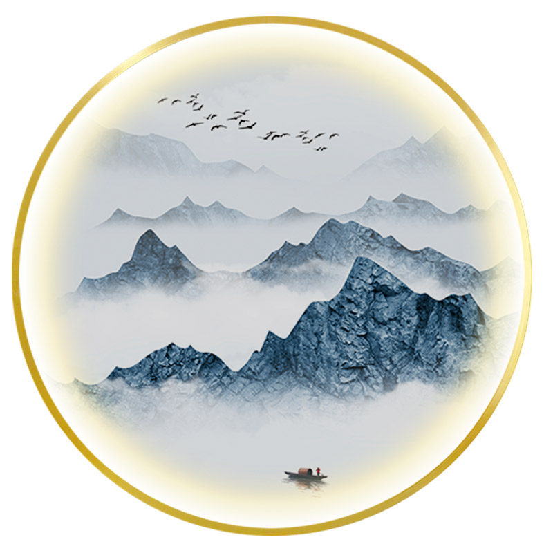 新中式山水夜光声控装饰画玄关餐厅发光晶瓷画圆形壁挂画LED灯带