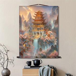蓬莱仙境挂画新中式山水丝绸挂画仙家堂口客厅背景墙装饰卷轴画