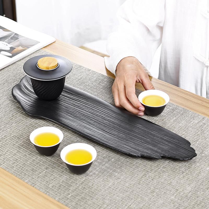 黑陶干泡茶盘 功夫茶具家用壶承 简约陶瓷托盘单层壶托长方形茶台