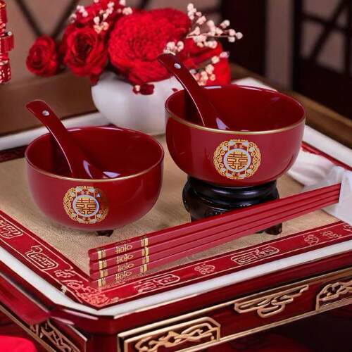 结婚陶瓷喜碗新郎新娘陪嫁改口敬茶杯红色碗筷勺套装婚庆结婚用品