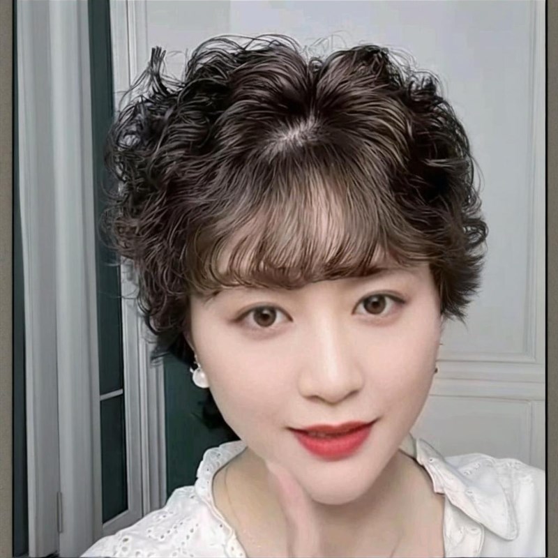中老年假发卷发片头顶补发片女遮盖白发片补发片羊毛卷妈妈假发片