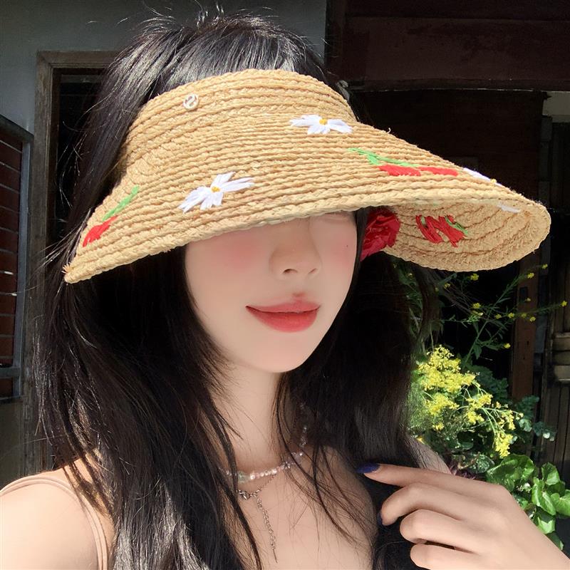 大帽檐花朵拉菲草空顶防晒帽女夏季海边沙滩度假草帽遮阳防晒帽子