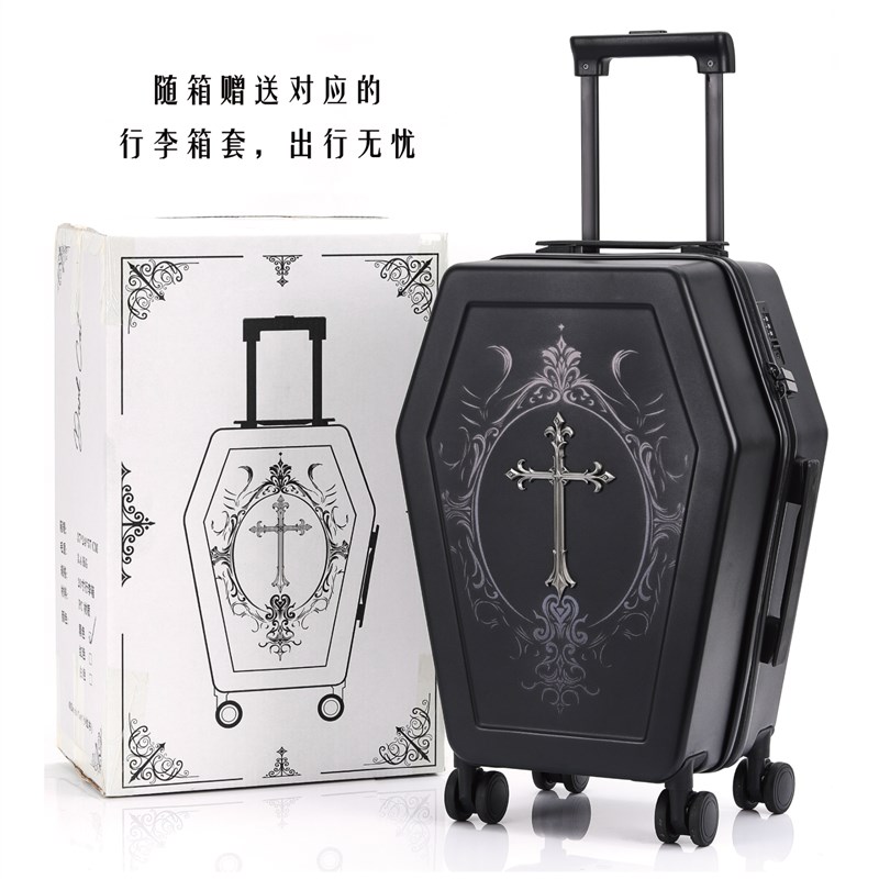 哥特风棺材拉杆箱万圣节旅行箱黑色复古潮流行李箱个性暗黑密码箱