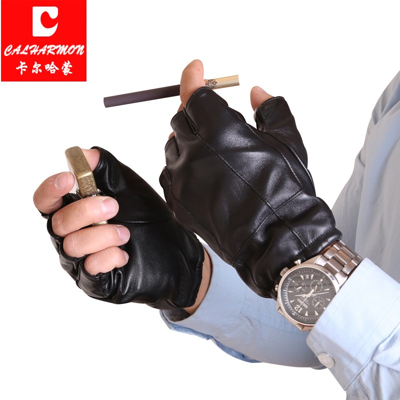 真皮手套男半指冬季保暖开车骑行加绒半截露手指漏指学生羊皮手套