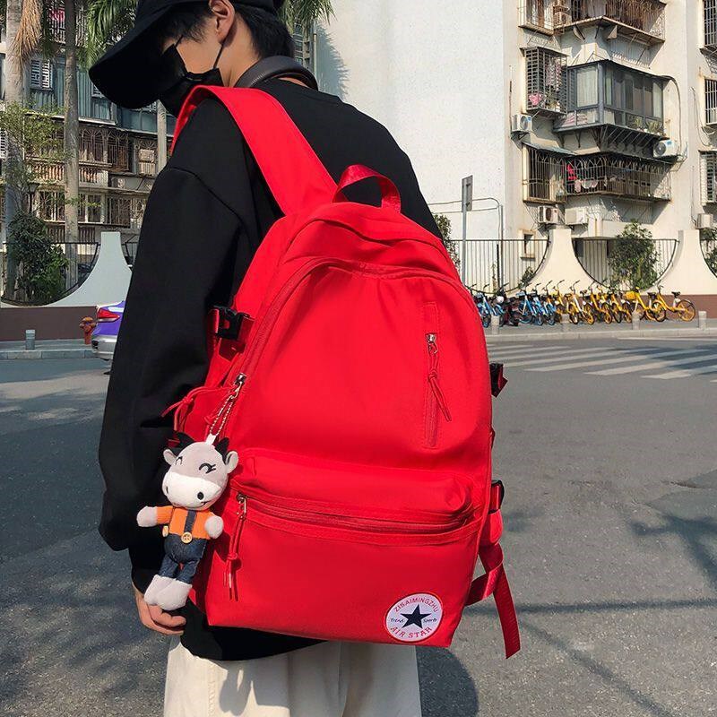 红色简约百搭大学生双肩包男日系ins大容量书包高中生学院揹包
