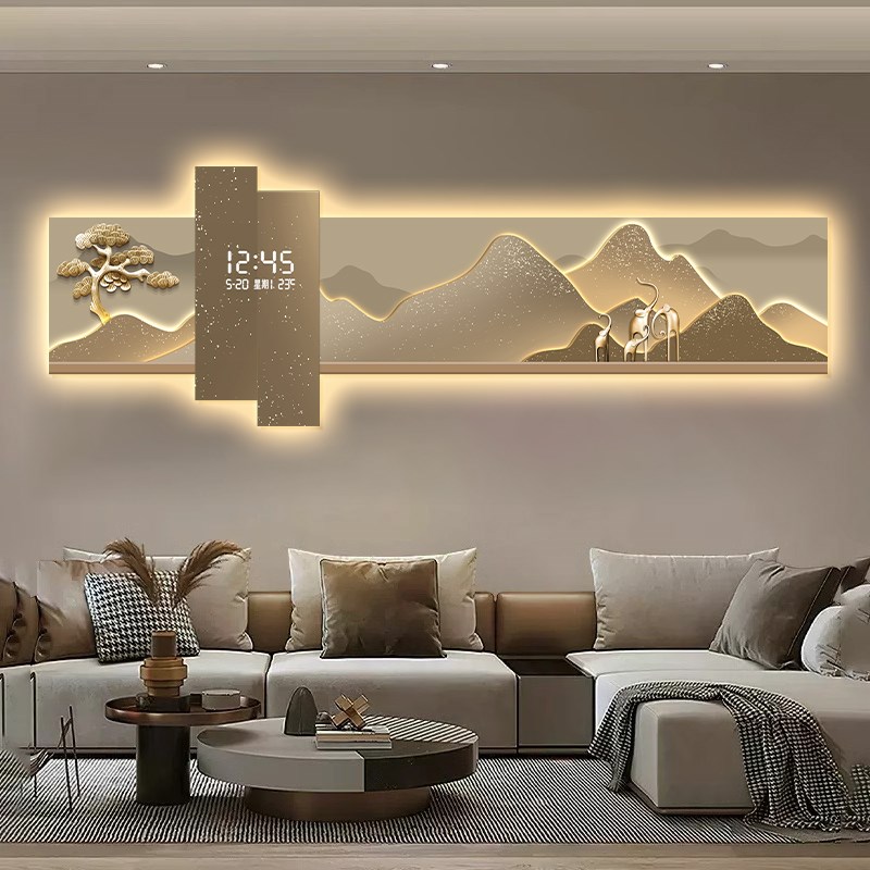 客厅背靠背装饰画,数字时钟,夜光壁灯,流水,财富,沙发背景墙,茶室