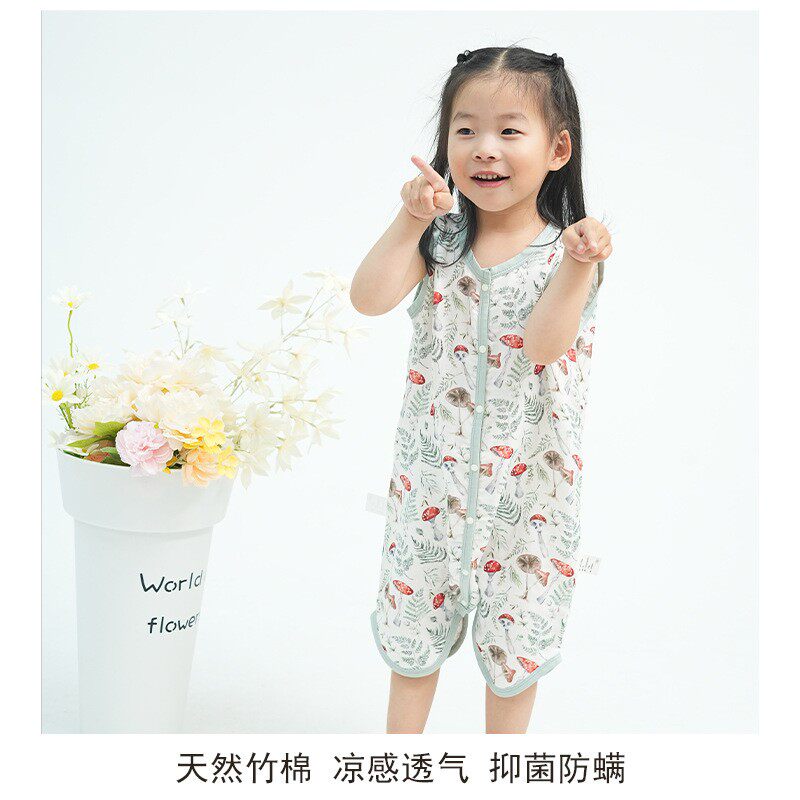 婴儿夏季薄款睡袋竹棉纱布宝宝连身睡衣无袖背心式儿童分腿防踢被