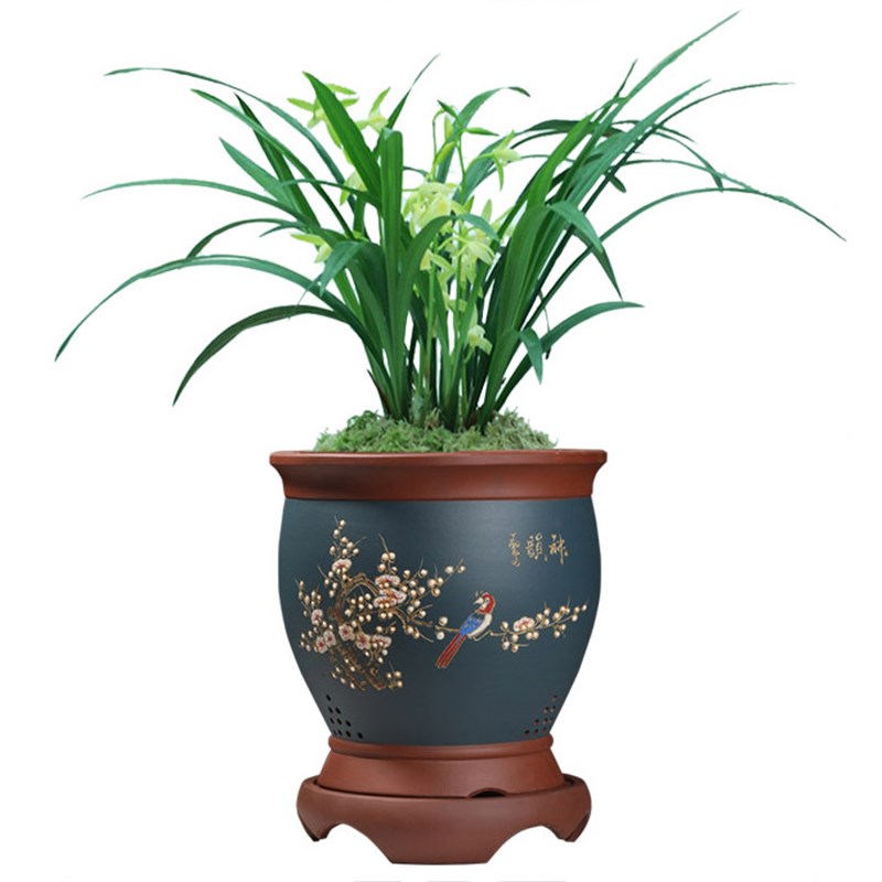 精品紫砂花盆带底座大口径君子兰花盆墨兰建兰群兰客厅高档大花盆