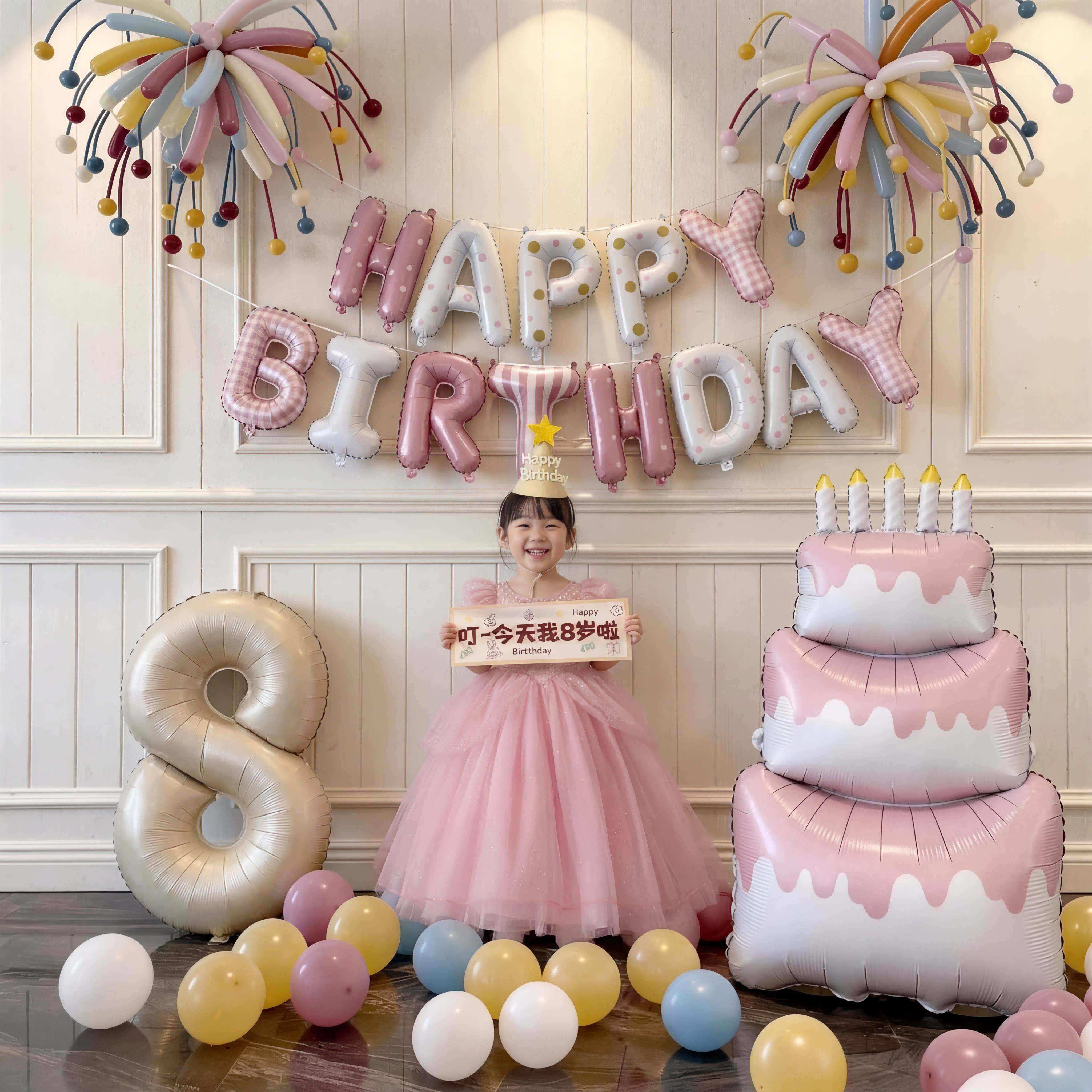 8岁宝宝生日场景布置装饰6岁女童快乐仪式感女孩爱心气球拍摄道具