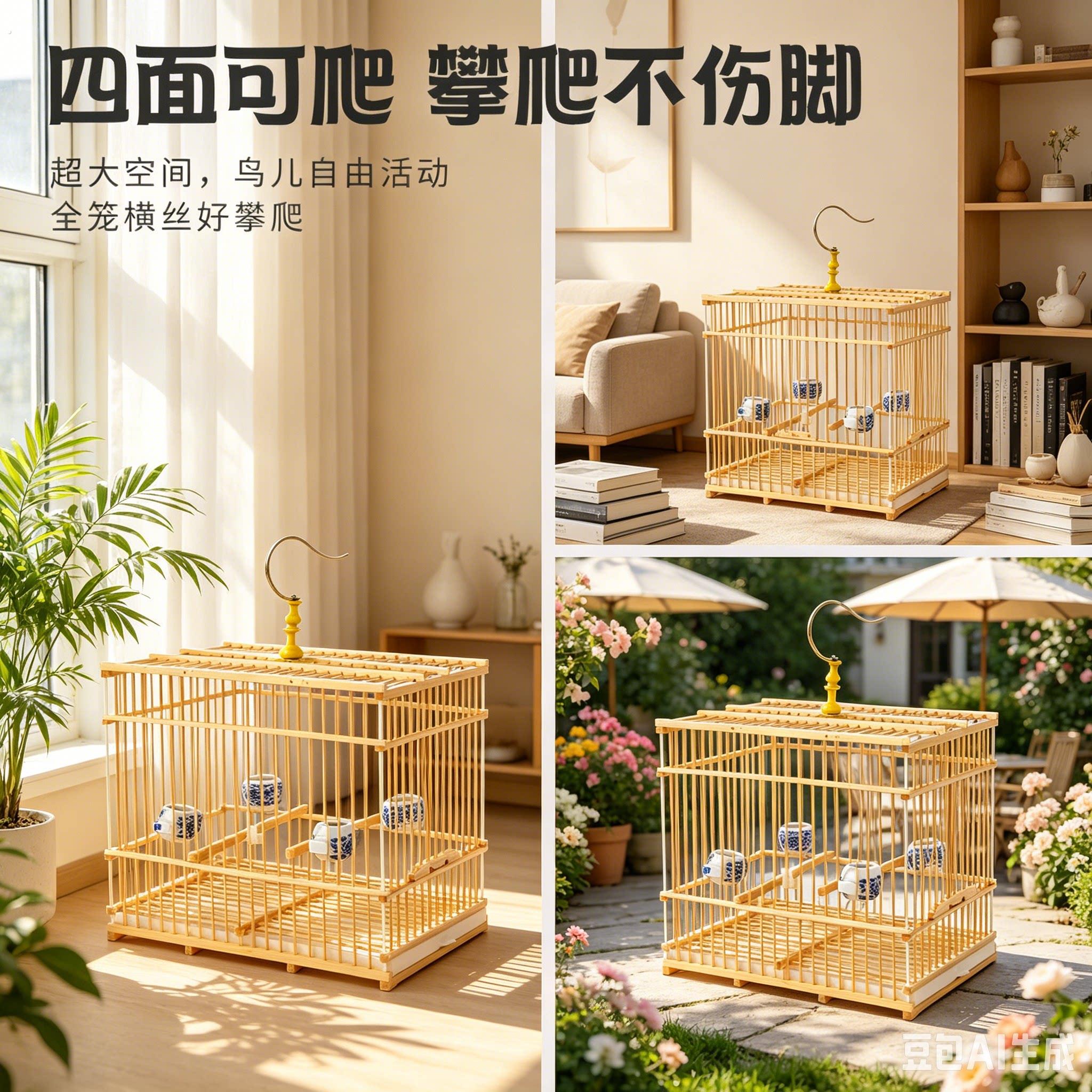 小号鸟笼竹制鸟笼通用款平顶大空间竖丝攀爬不伤脚鸟类自由活动笼
