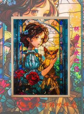 教堂猫咪小女孩复古风彩色画拼图相框装饰画带框成品摆件创意礼品