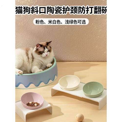 陶瓷斜口斜边碗宠物猫咪碗猫碗盆狗碗饮水碗粮食碗双碗防打翻护颈