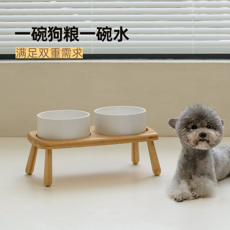 高脚护颈陶瓷狗碗防翻中大型犬金毛双碗防滑粮水盆不锈钢防摔食具