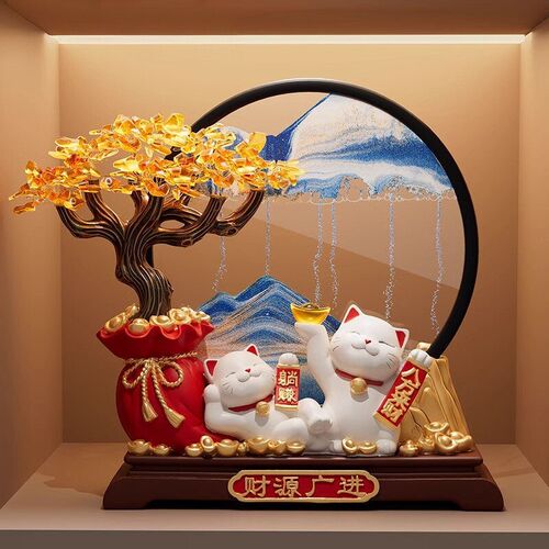 新中式高档发财树流沙画招财猫摆件开业礼物前台装饰品乔迁礼品