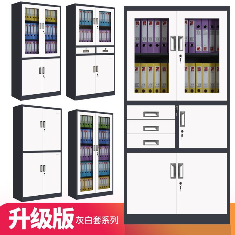 现代钢制资料档案带锁移门中二斗双节文件柜铁皮矮柜办公室收纳柜