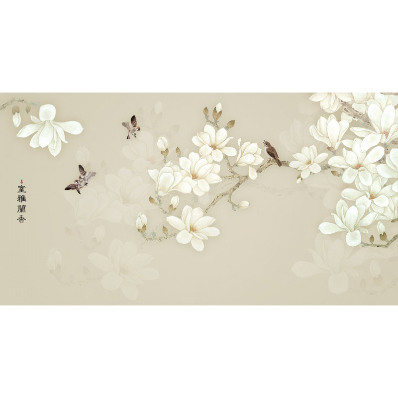 玉兰花鸟背景墙壁布现代简约墙纸新中式客厅沙发卧室壁画壁纸墙布
