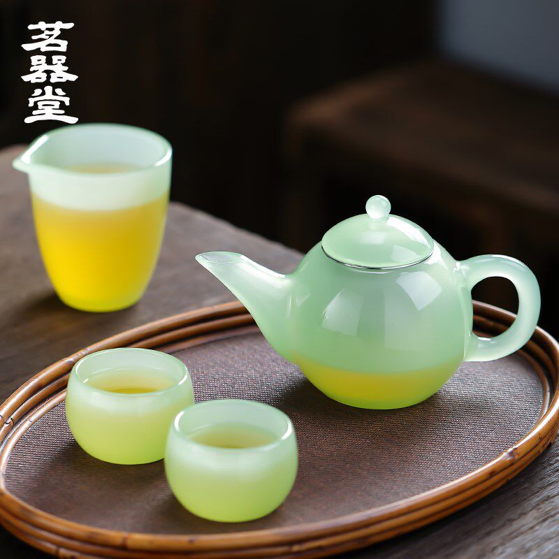 汝青玉瓷茶具套装家用办公室高档琉璃盖碗公道杯茶杯泡茶壶礼盒装
