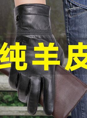 袋鼠贴手绵羊皮真皮手套男士秋冬季开车骑行加绒保暖加厚大码薄款