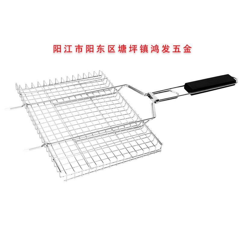 鸿发电镀烧烤架木柄烧烤网夹方形烤鱼夹大号加粗烤肉网牛排烧烤夹